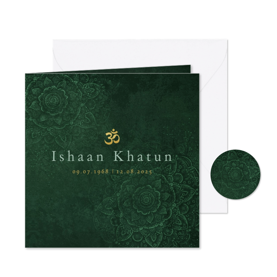 Rouwkaart Hindoestaans mandala patroon groen - Kaartimpressie