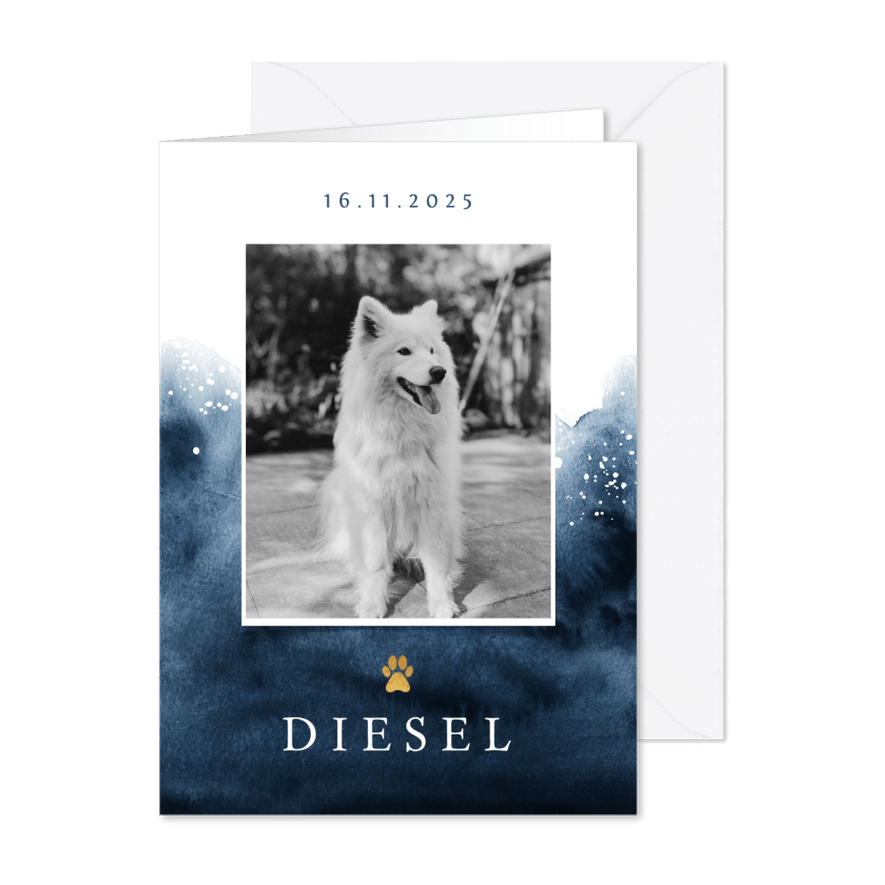 Rouwkaart hond stijlvol verf goud foto hondenpootje - Kaartimpressie