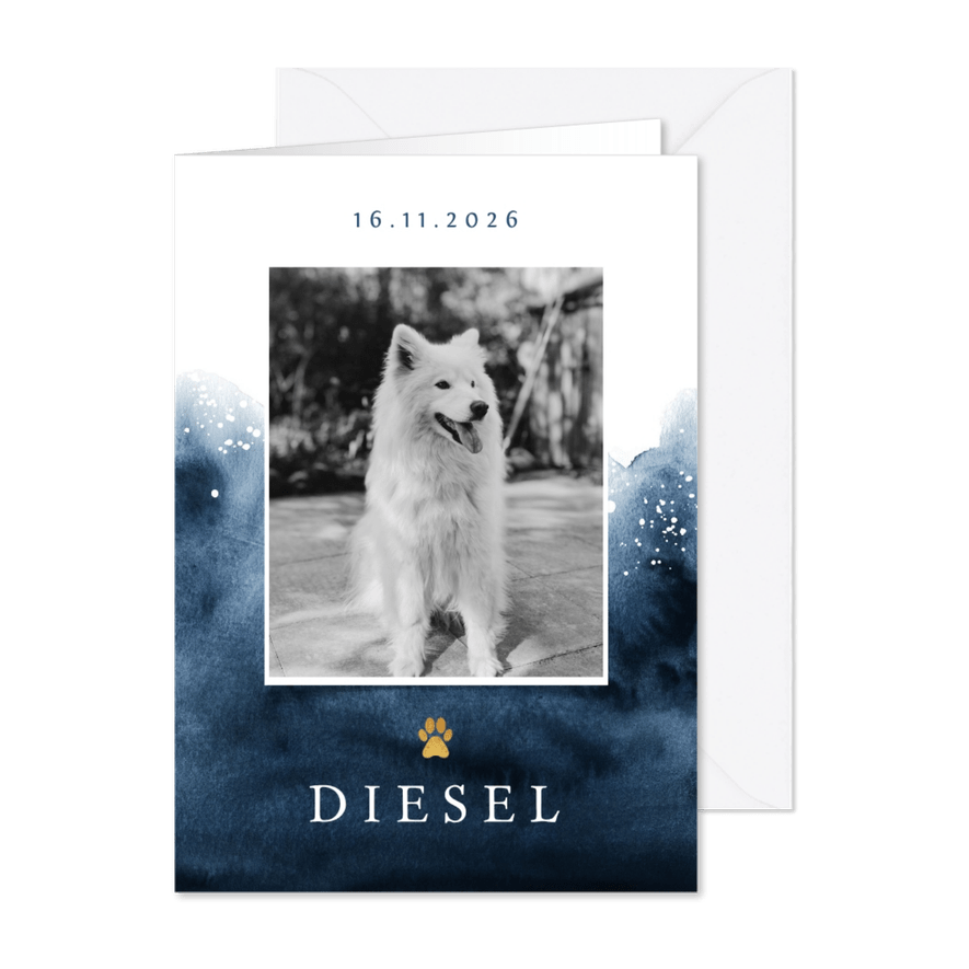 Rouwkaart hond stijlvol verf goud foto hondenpootje - Kaartimpressie