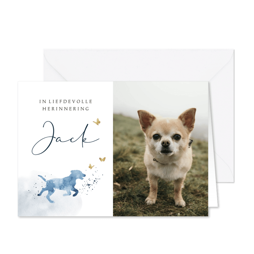 Rouwkaart hond watercolour vlinders goud fotokaart - Kaartimpressie