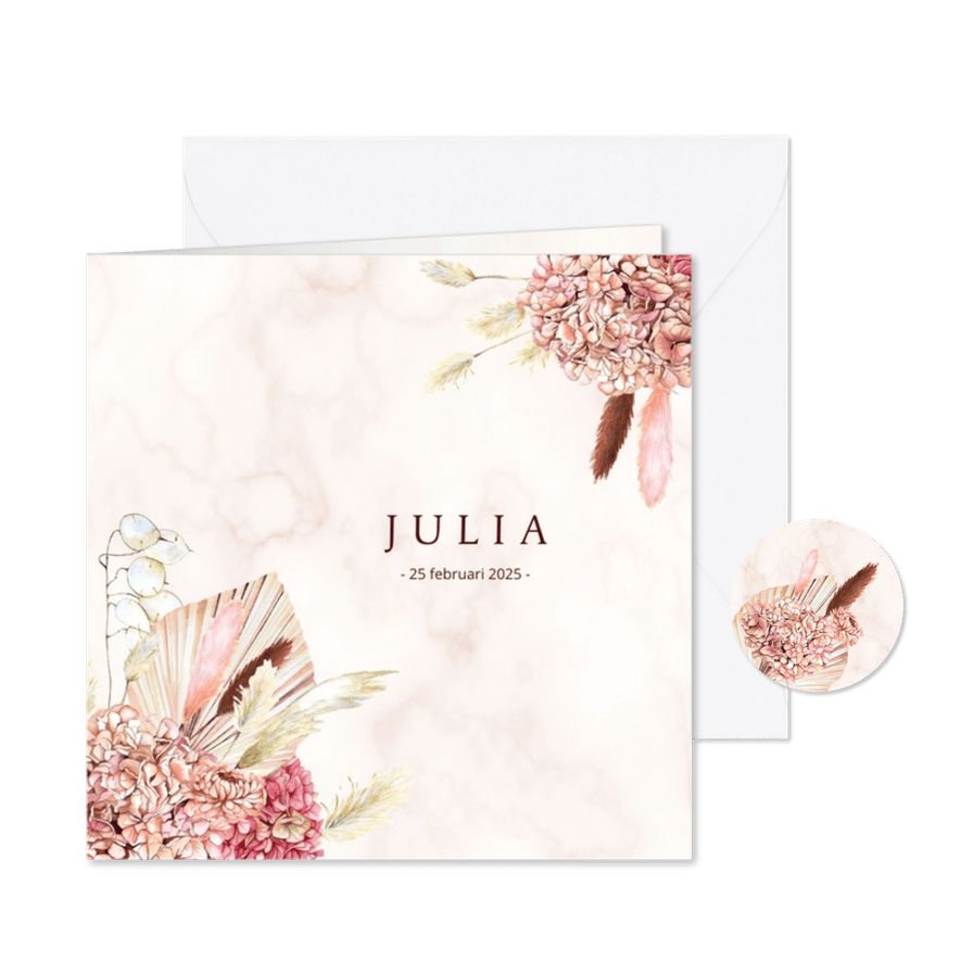 Rouwkaart hortensia droogbloemen marmer - Kaartimpressie