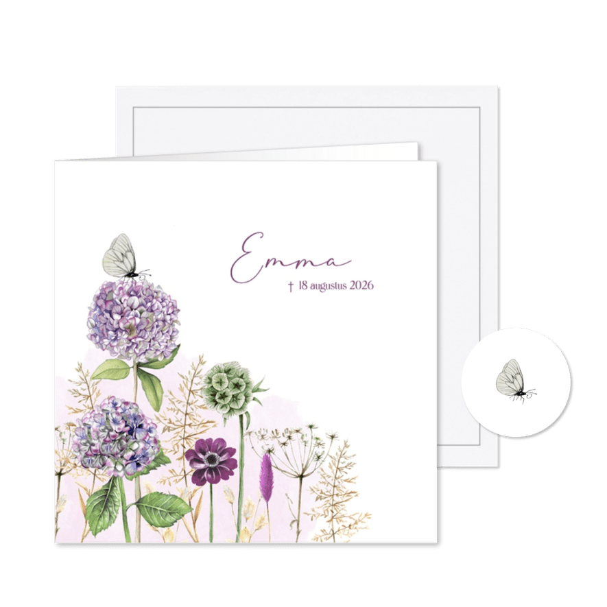 Rouwkaart hortensia's met vlinder - Kaartimpressie