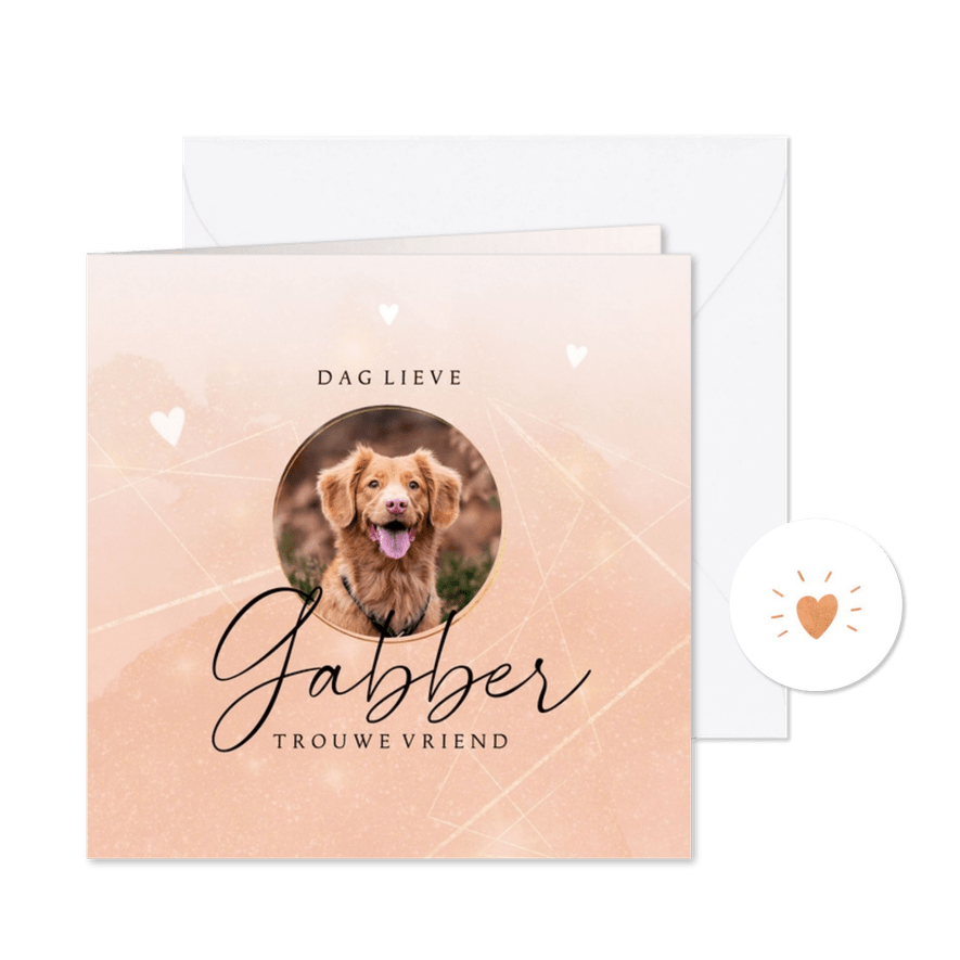 Rouwkaart huisdier stijlvol met koperen hartje en foto - Kaartimpressie