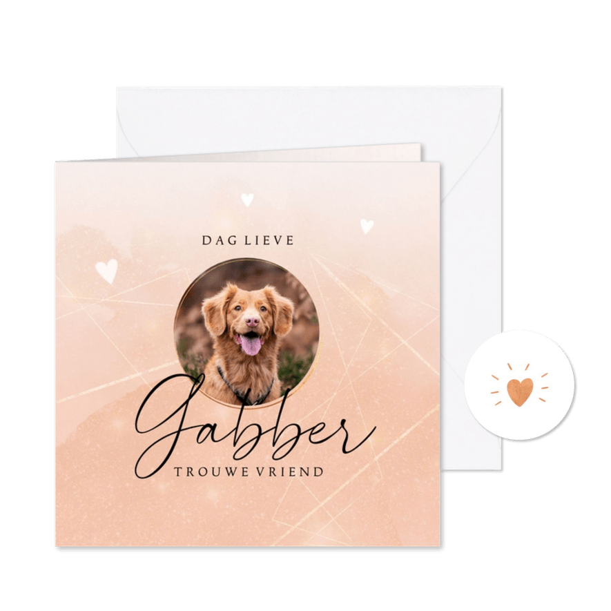 Rouwkaart huisdier stijlvol met koperen hartje en foto - Kaartimpressie