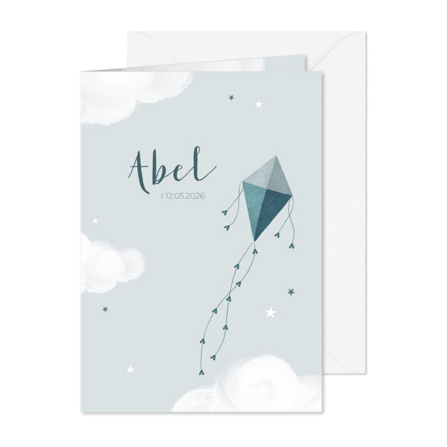 Rouwkaart jongen kind baby vlieger wolken sterren - Kaartimpressie