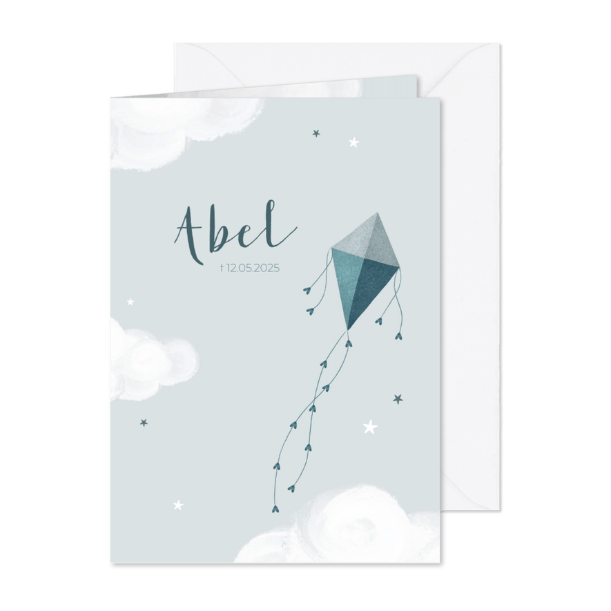 Rouwkaart jongen kind baby vlieger wolken sterren - Kaartimpressie