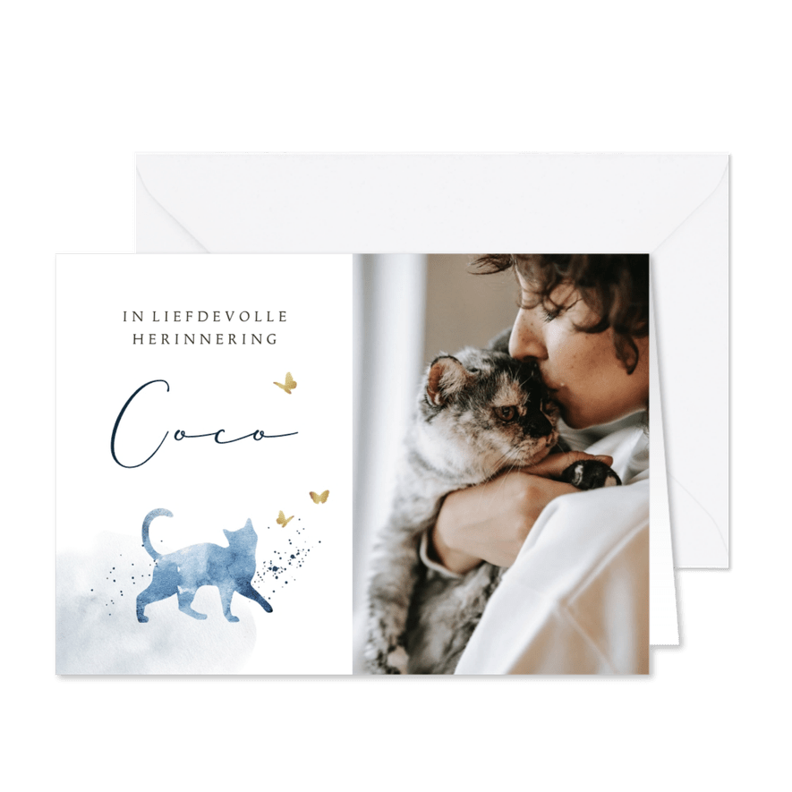 Rouwkaart kat stijlvol fotokaart watercolour vlinders goud - Kaartimpressie