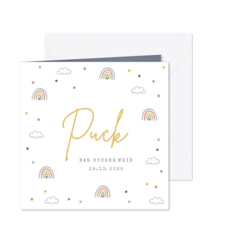 Rouwkaart kind regenboogjes wolkjes confetti - Kaartimpressie