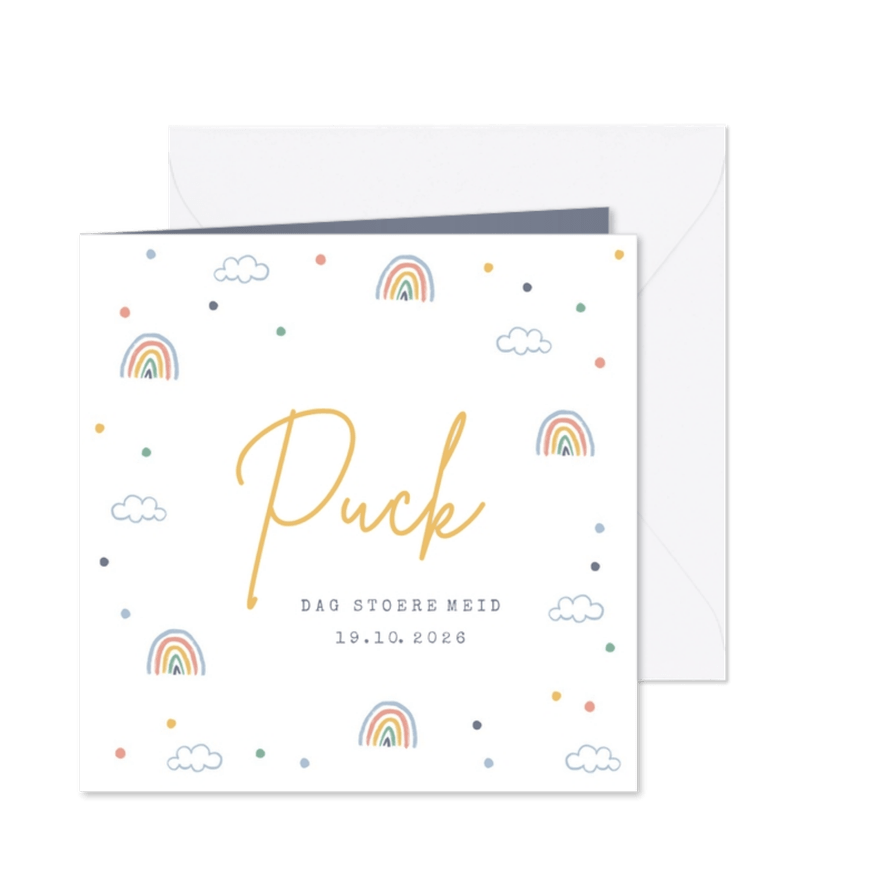 Rouwkaart kind regenboogjes wolkjes confetti - Kaartimpressie