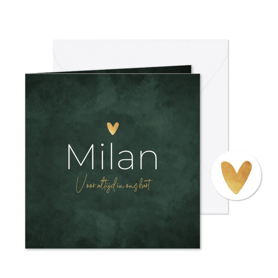 Rouwkaart kind stijlvol minimalistisch groen hartje goud - Kaartimpressie