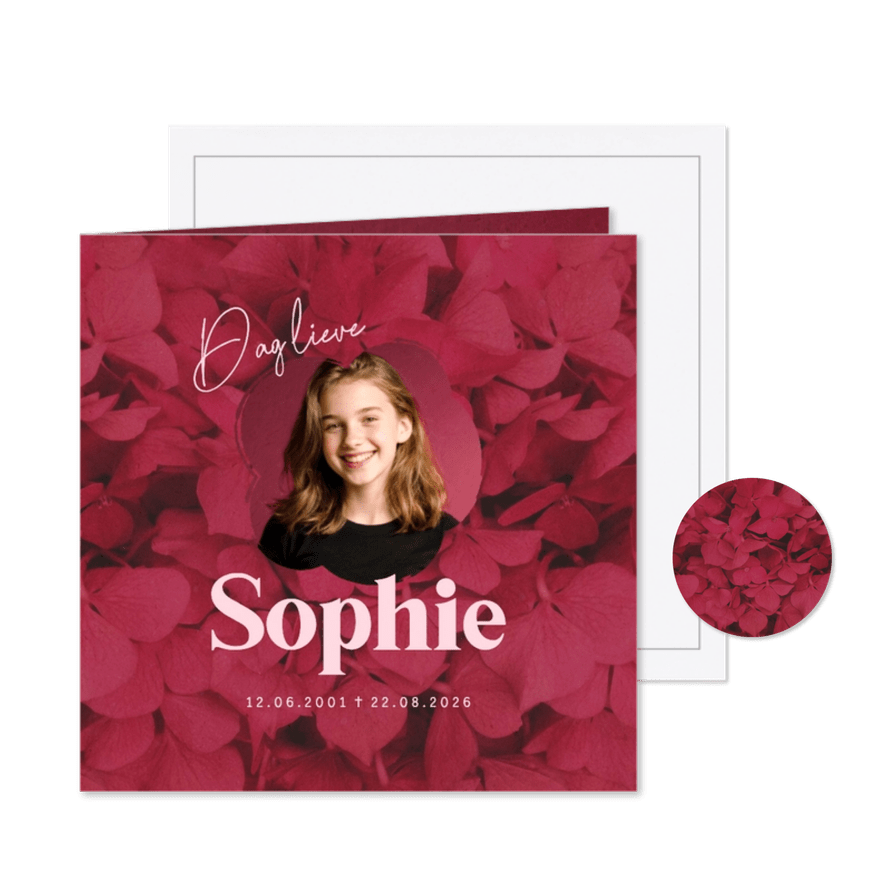 Rouwkaart kind tiener hortensia bloemen foto - Kaartimpressie