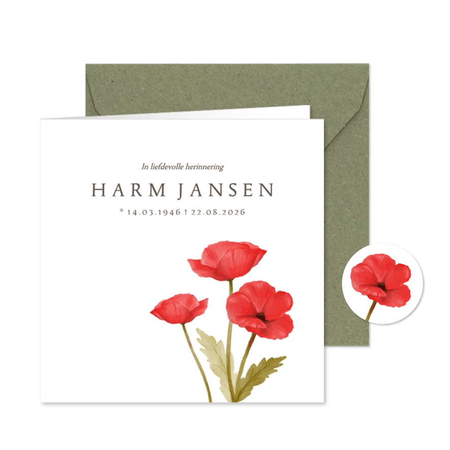 Rouwkaart klaprozen afscheid uitvaart bloemen man vrouw - Kaartimpressie