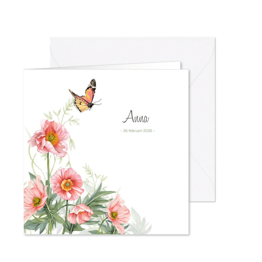 Rouwkaart klaprozen vlinder - Kaartimpressie