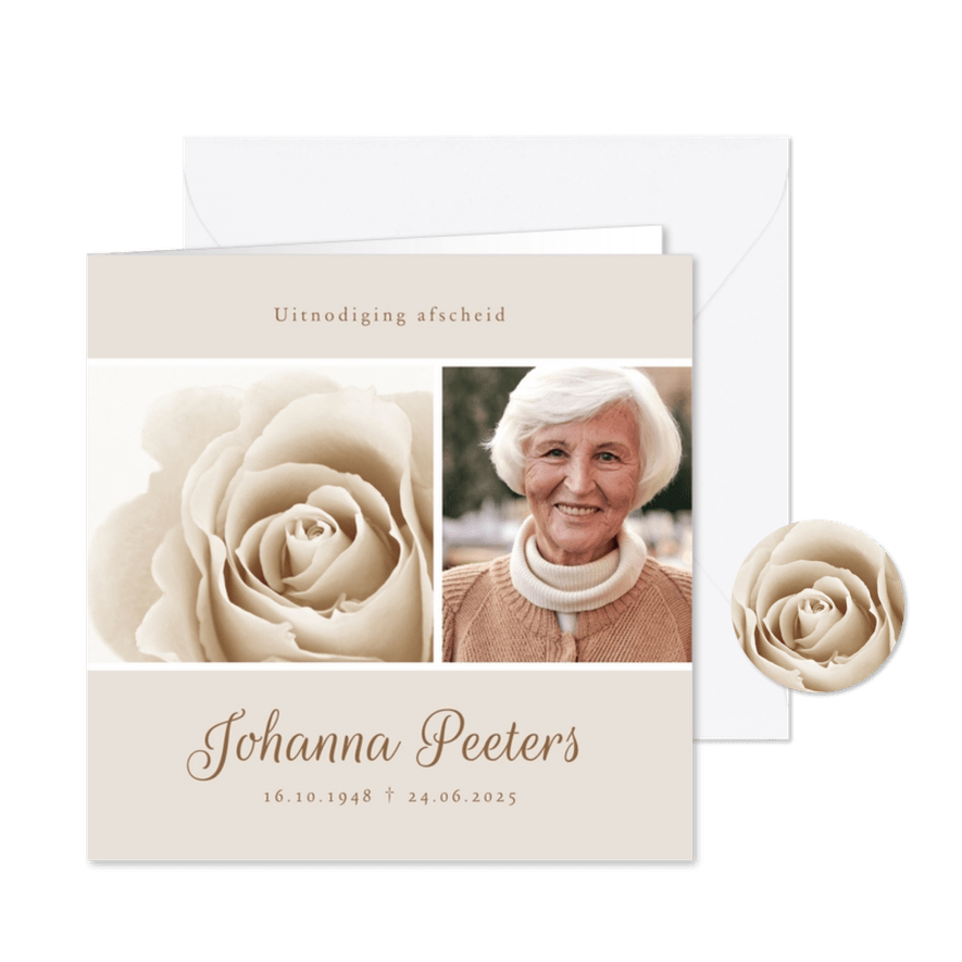Rouwkaart klassiek roos foto stijlvol beige - Kaartimpressie