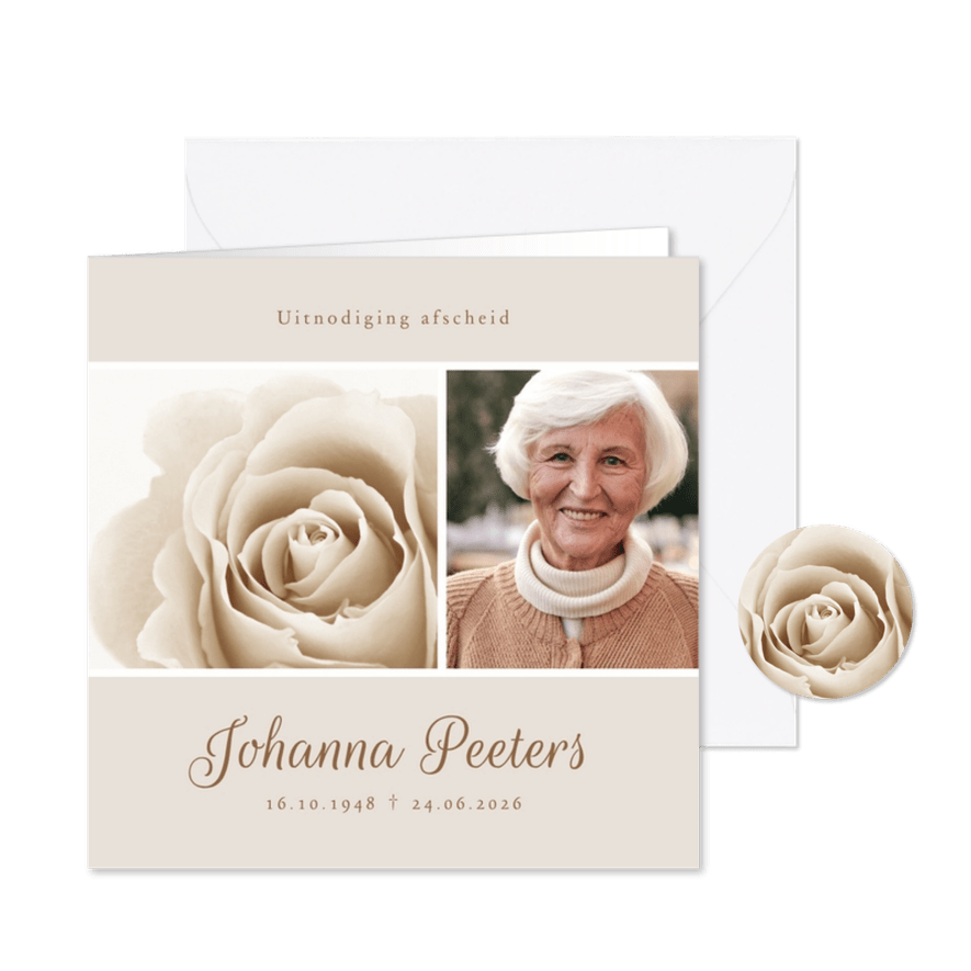 Rouwkaart klassiek roos foto stijlvol beige - Kaartimpressie