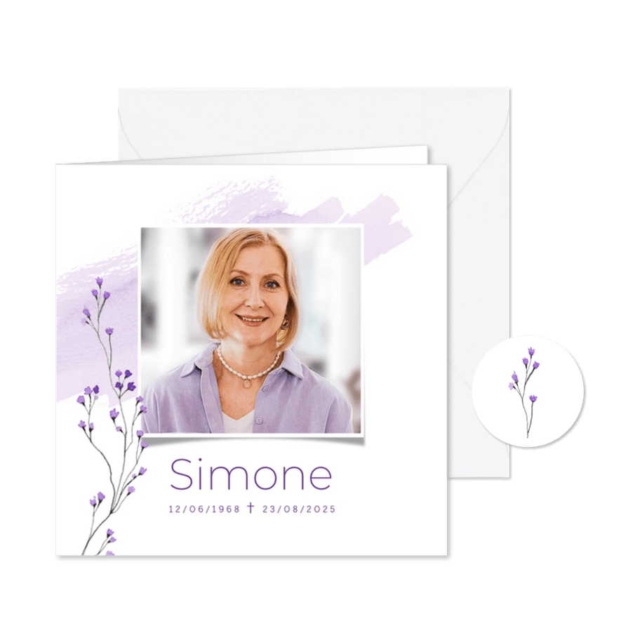 Rouwkaart lavendel paars bloemen waterverf foto - Kaartimpressie