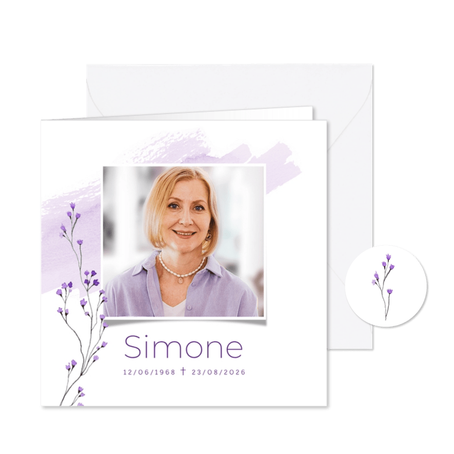 Rouwkaart lavendel paars bloemen waterverf foto - Kaartimpressie