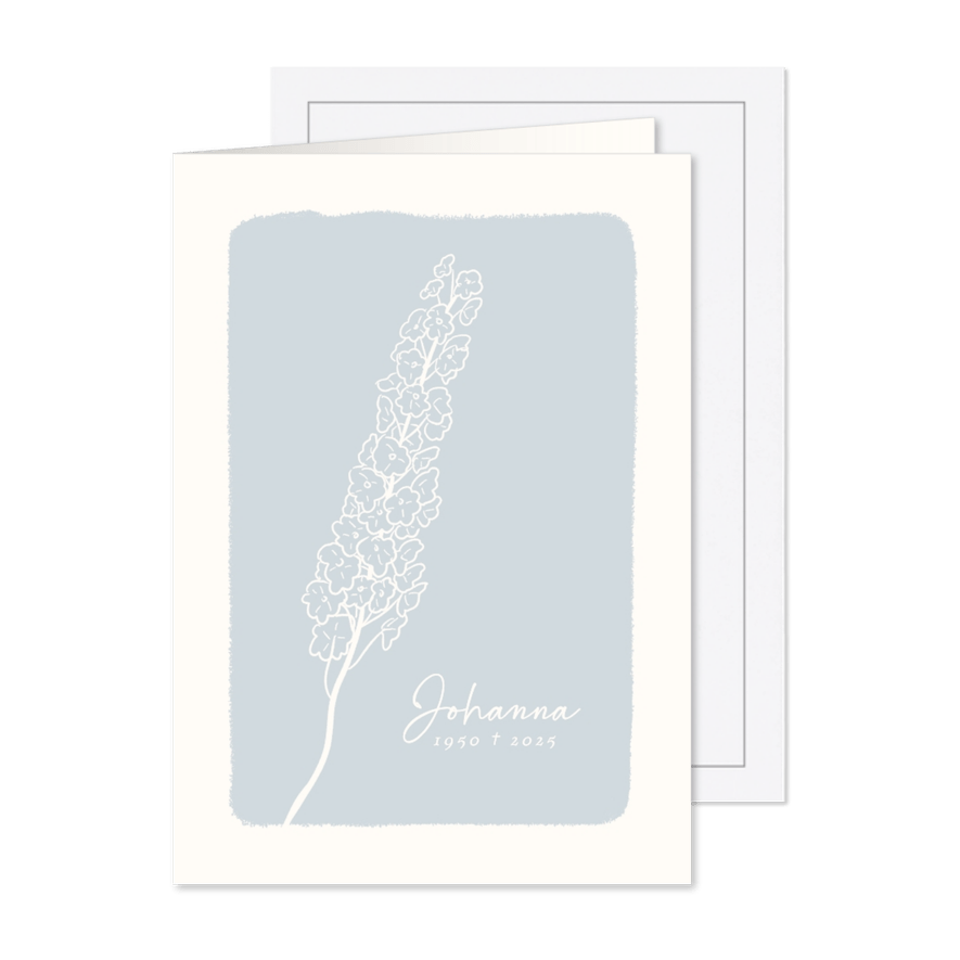 Rouwkaart lichtblauw met lijntekening van bloemen - Kaartimpressie