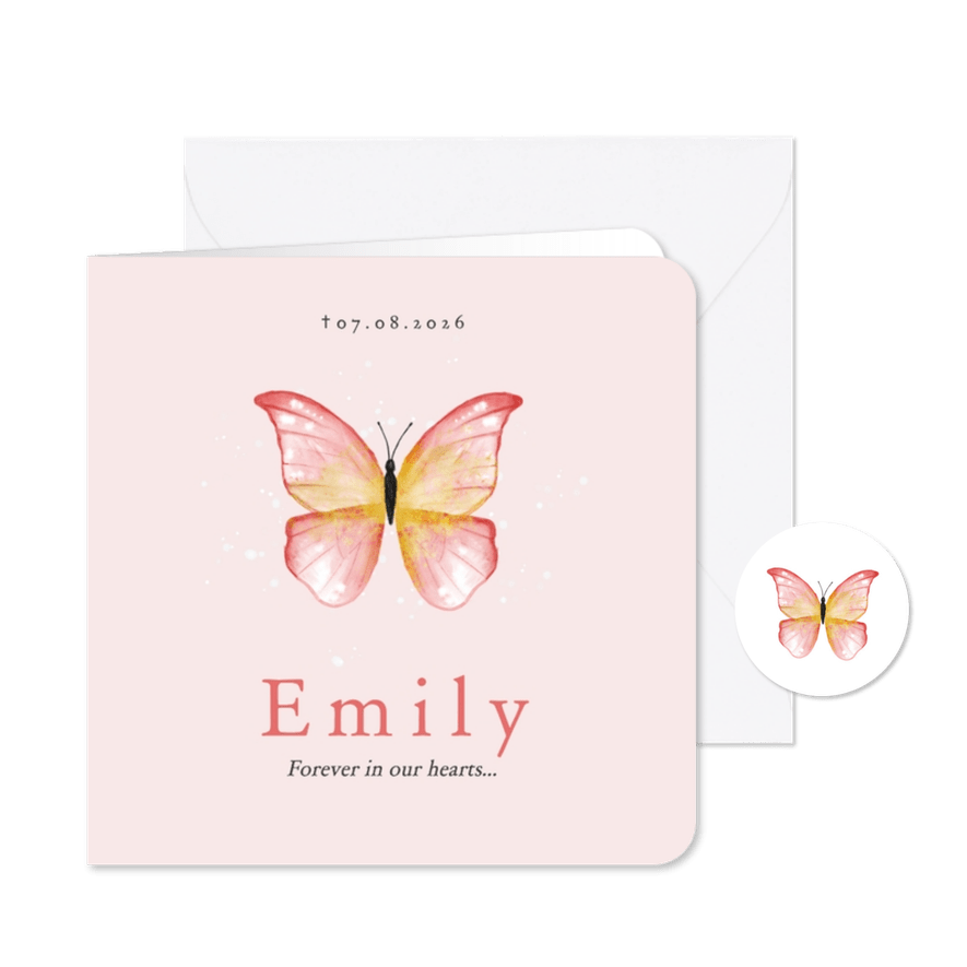 Rouwkaart meisje roze vlindertje waterverf illustratie - Kaartimpressie