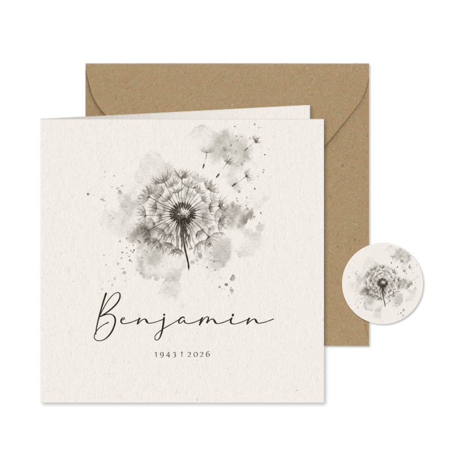Rouwkaart met aquarel paardenbloem - Kaartimpressie