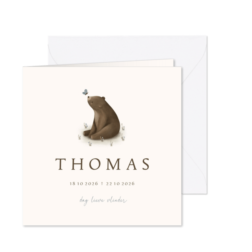Rouwkaart met beertje en blauwe vlinder - Kaartimpressie