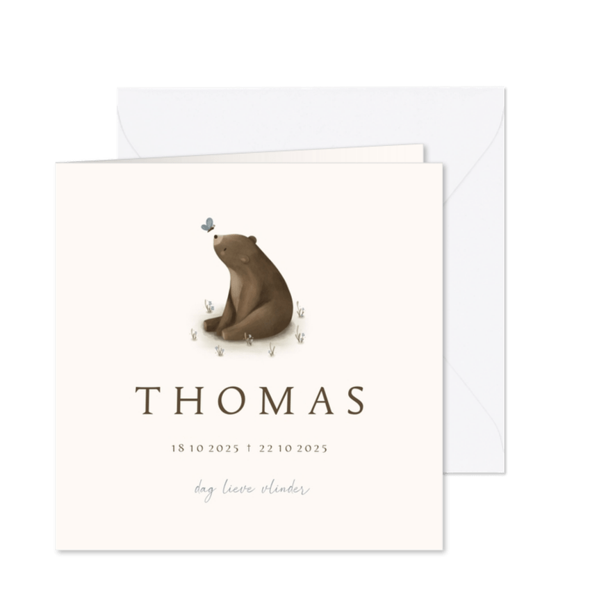Rouwkaart met beertje en blauwe vlinder - Kaartimpressie