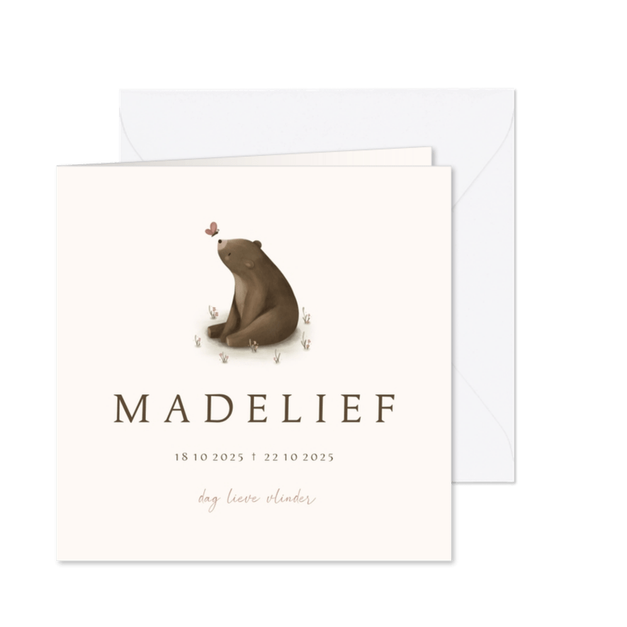 Rouwkaart met beertje en roze vlinder - Kaartimpressie