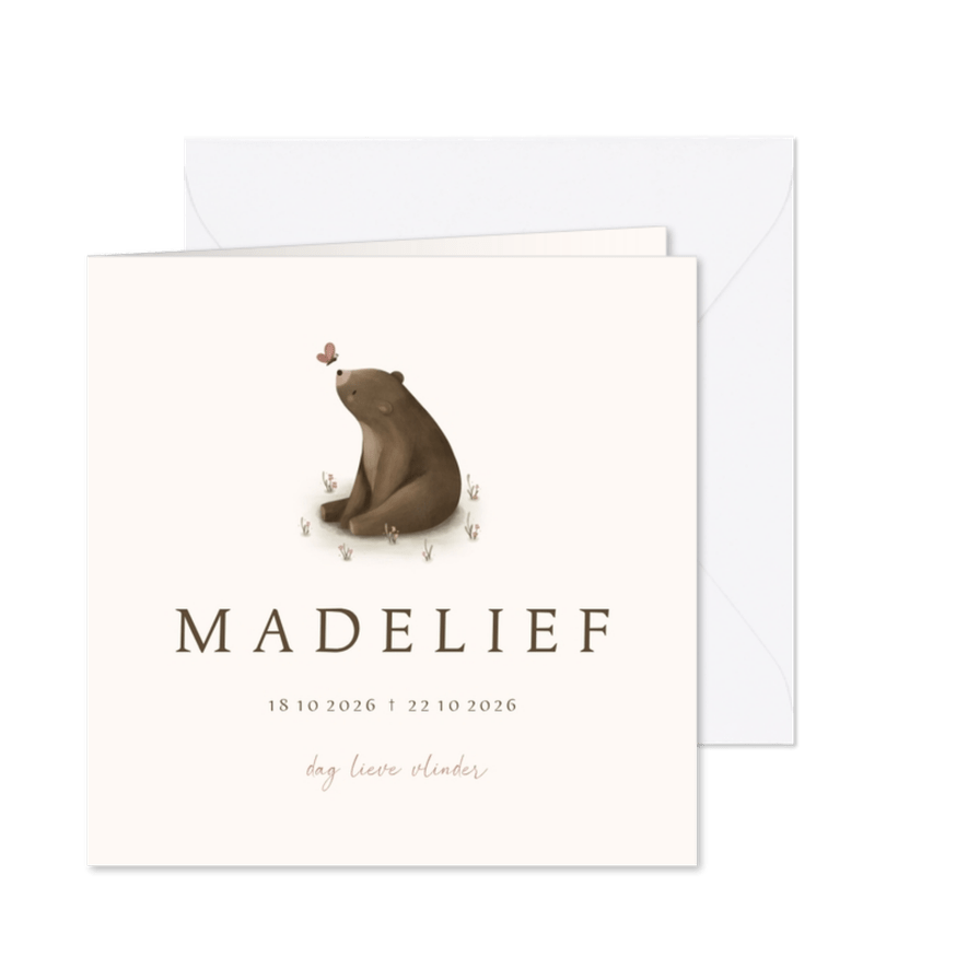 Rouwkaart met beertje en roze vlinder - Kaartimpressie
