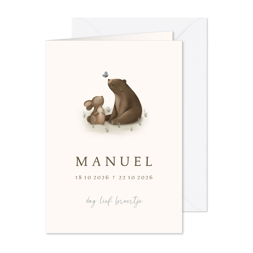 Rouwkaart met beertje konijn en blauwe vlinder - Kaartimpressie