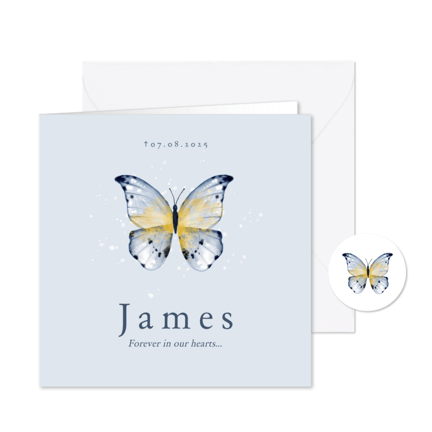 Rouwkaart met blauw vlindertje waterverf illustratie - Kaartimpressie