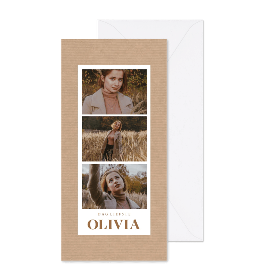 Rouwkaart met drie foto's in photobooth stijl kraftpapier - Kaartimpressie
