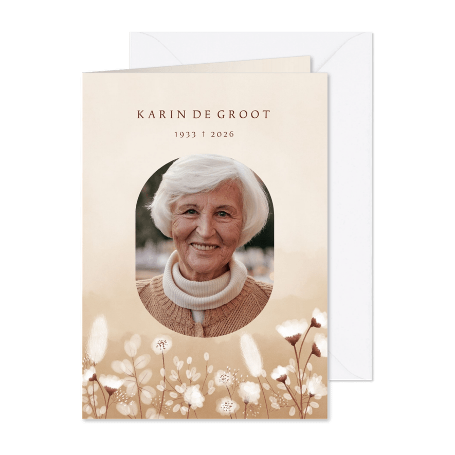 Rouwkaart met droogbloemen en beige waterverf - Kaartimpressie