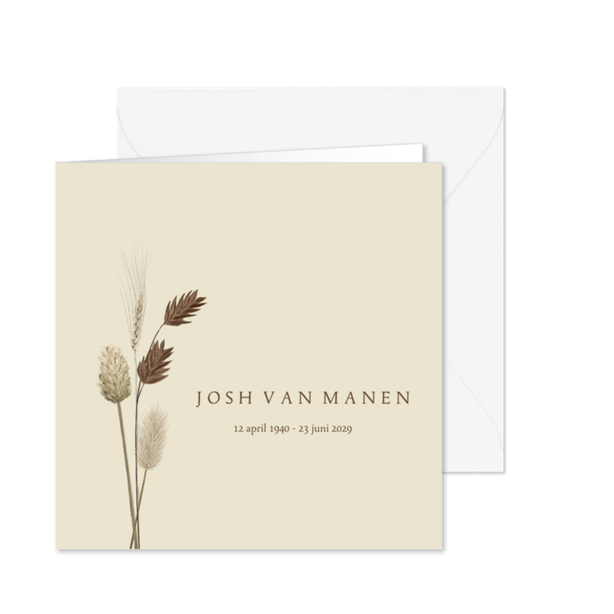 Rouwkaart met droogbloemen in neutrale kleuren - Kaartimpressie