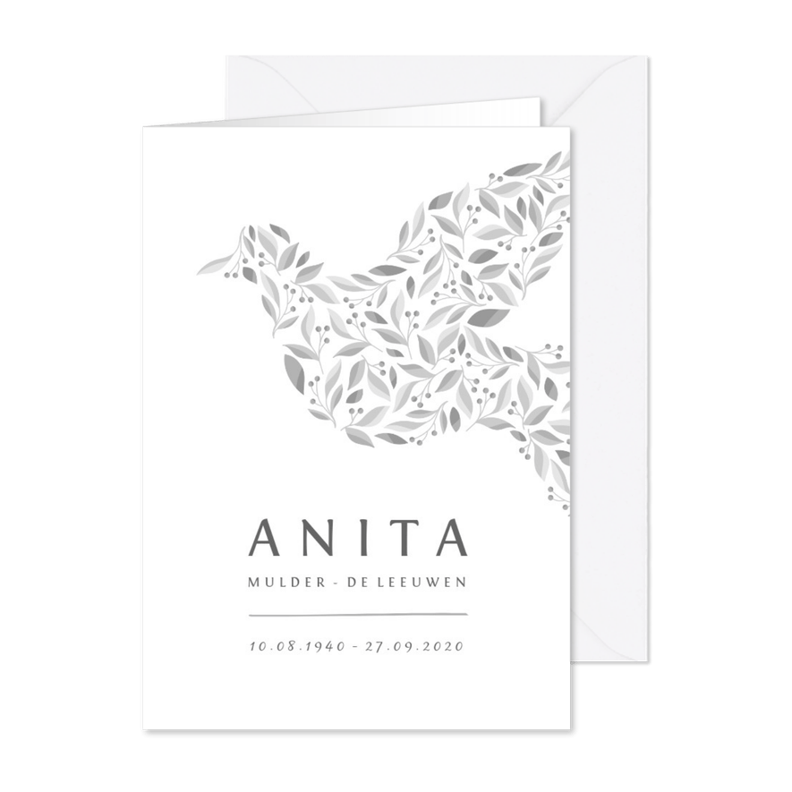Rouwkaart met duif van bloemen in grijstinten - Kaartimpressie