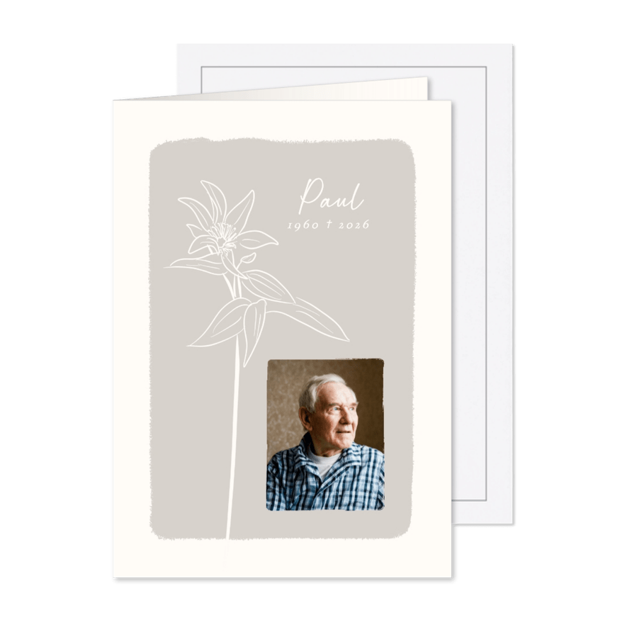 Rouwkaart met foto grijs met illustratie bloem - Kaartimpressie