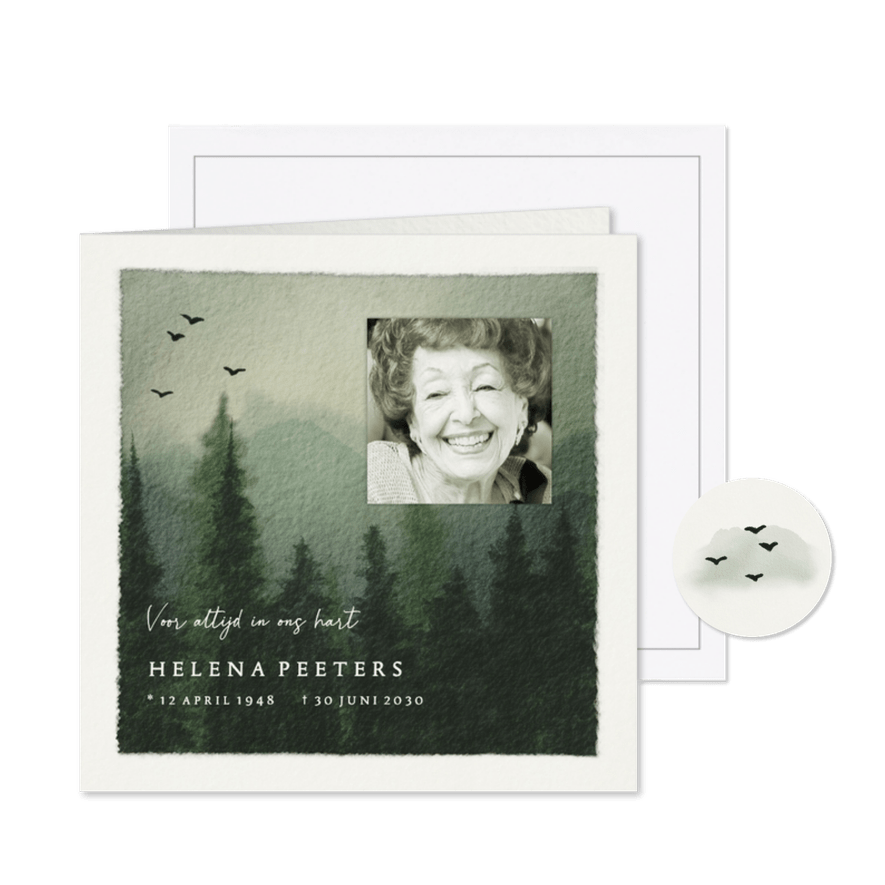 Rouwkaart met foto waterverf dennenbos - Kaartimpressie
