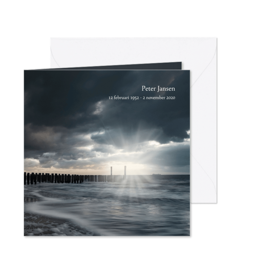 Rouwkaart met golfbreker en ondergaande zon - Kaartimpressie