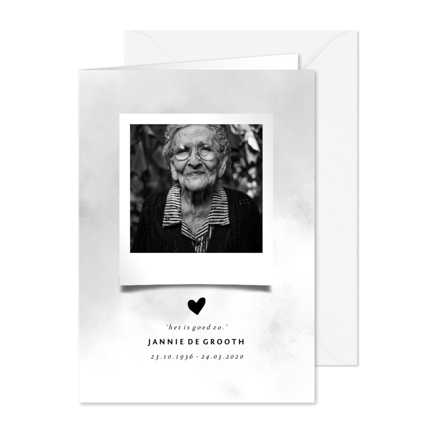 Rouwkaart met grijze waterverf en foto - Kaartimpressie