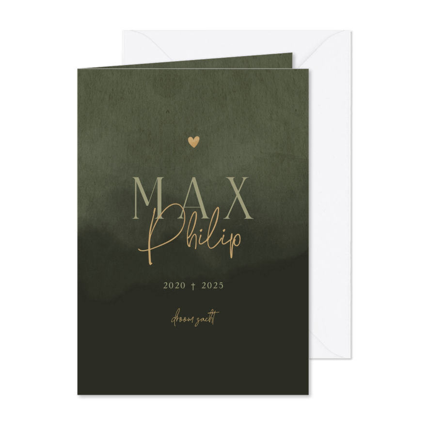 Rouwkaart met groene waterverf en hartje - Kaartimpressie