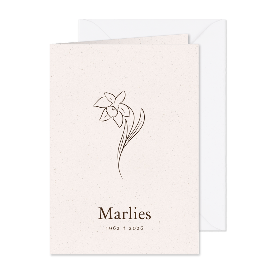 Rouwkaart met lijnillustratie van een narcis - Kaartimpressie