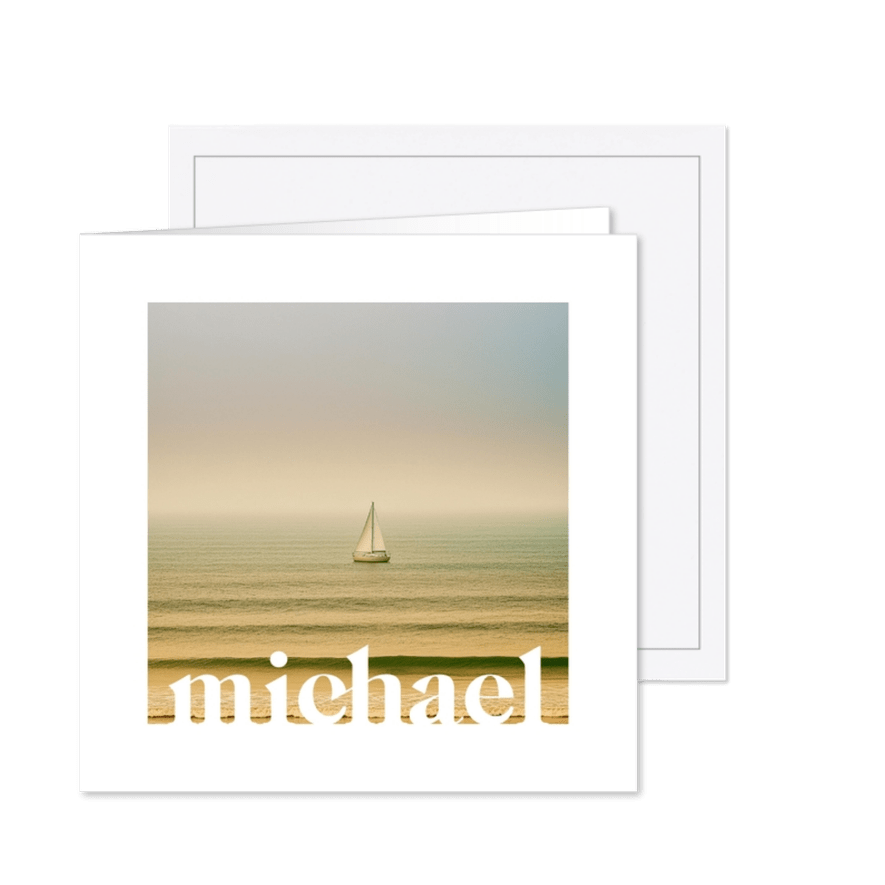 Rouwkaart met naam en zeilbootje op rustige zee - Kaartimpressie