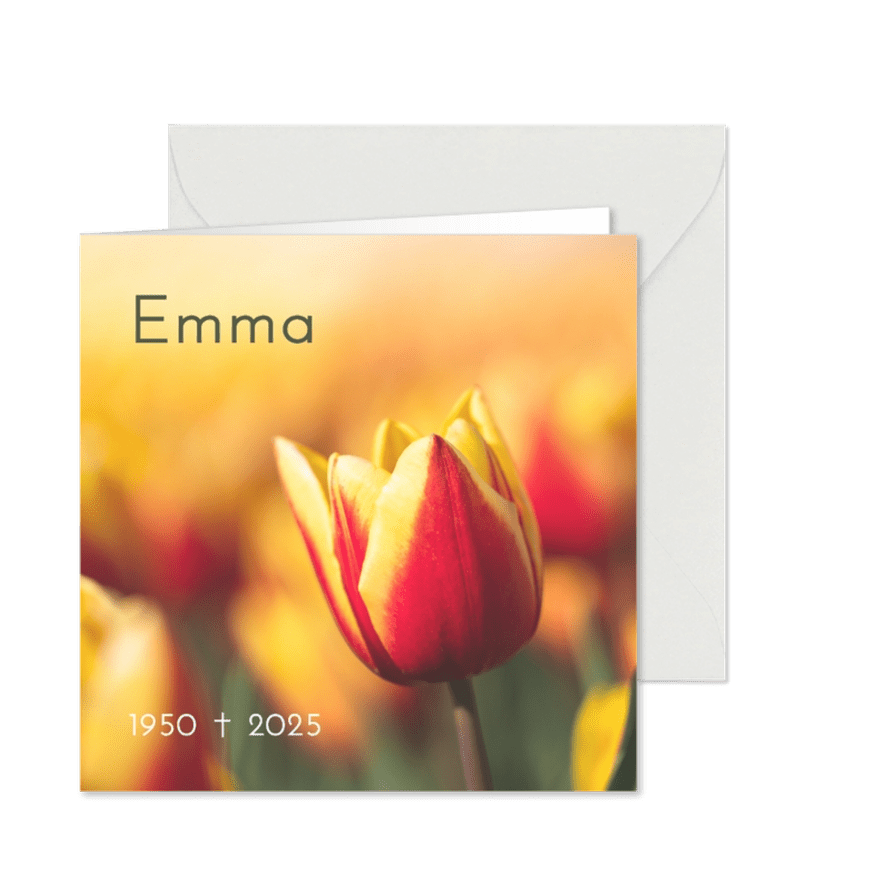 Rouwkaart met rood-gele tulp  - Kaartimpressie