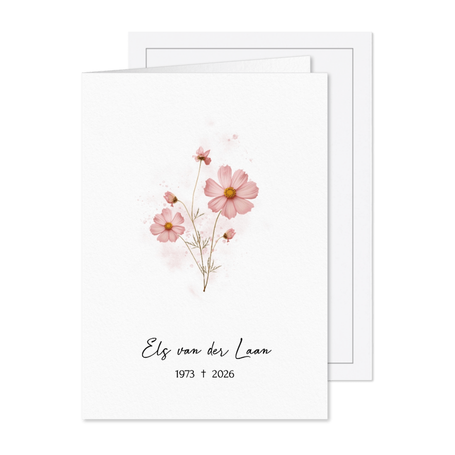 Rouwkaart met roze bloem klassiek - Kaartimpressie