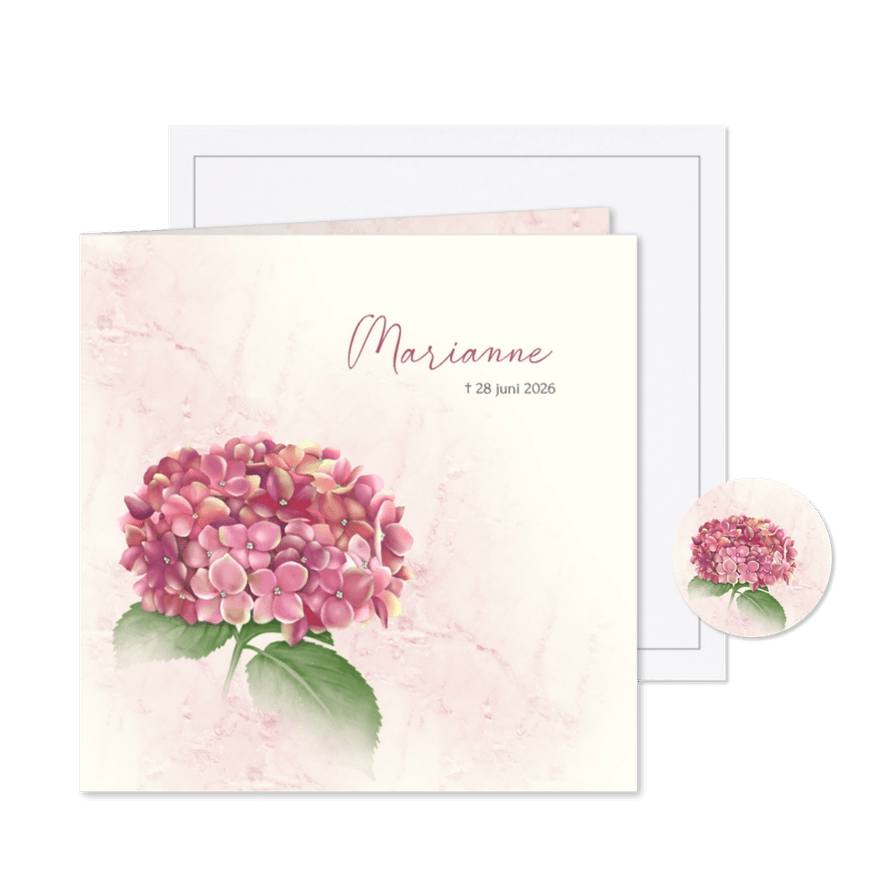 Rouwkaart met roze hortensia - Kaartimpressie