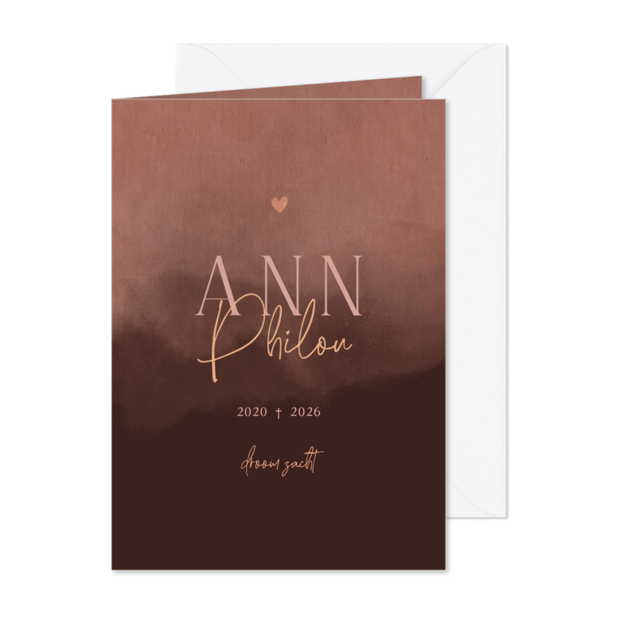 Rouwkaart met roze waterverf en hartje - Kaartimpressie