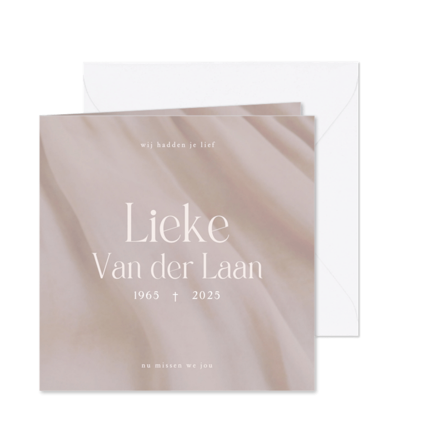 Rouwkaart met stoffen plooien zacht taupe - Kaartimpressie