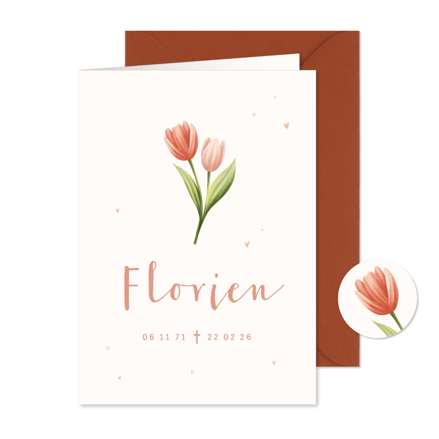 Rouwkaart met tulpen en kleine koperlook hartjes - Kaartimpressie