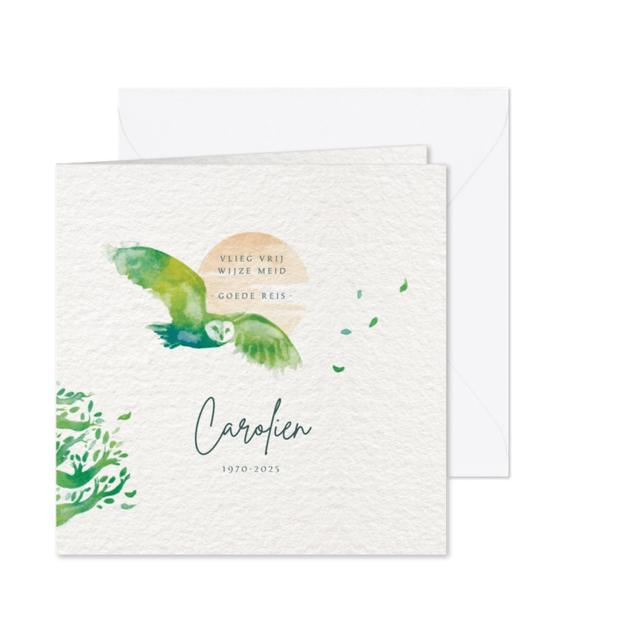 Rouwkaart met uil en boom - vlieg vrij - met voorbeeldfoto - Kaartimpressie