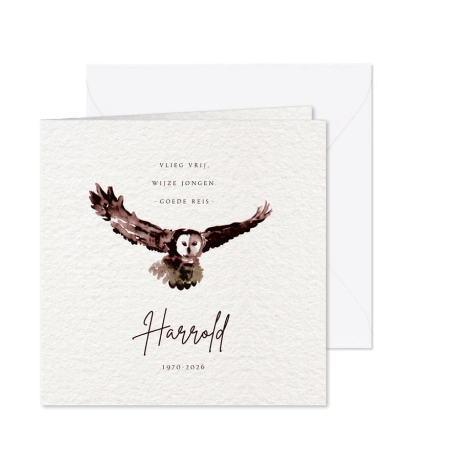 Rouwkaart met uil - vlieg vrij - met voorbeeldfoto - Kaartimpressie