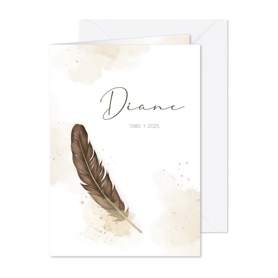 Rouwkaart met veer en waterverf beige - Kaartimpressie
